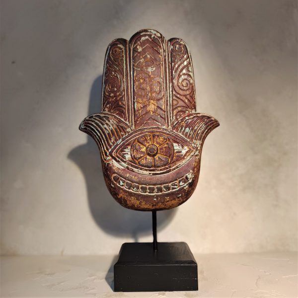 Hamsa Hand Fatima Wood Statue – Spiritual Protection Decor Handmade in Bali