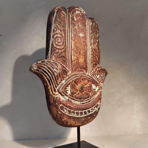 Hamsa Hand Fatima Wood Statue – Spiritual Protection Decor Handmade in Bali