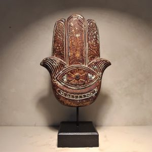 Handmade Hamsa Hand Fatima Wood Statue – Spiritual Protection Decor from Bali