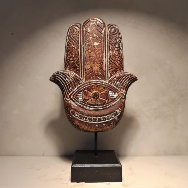 Handmade Hamsa Hand Fatima Wood Statue – Spiritual Protection Decor from Bali